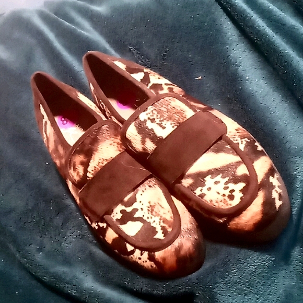 Donald J Pilner Animal Print and Chocolate Suede Loafer Shoes with a Flap.